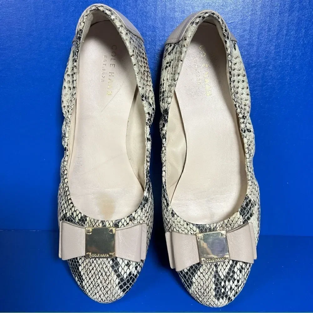 Cole Haan Tali Bow Snake Print Leather Ballet Flats Natural Roccia Womens‎ 6B
